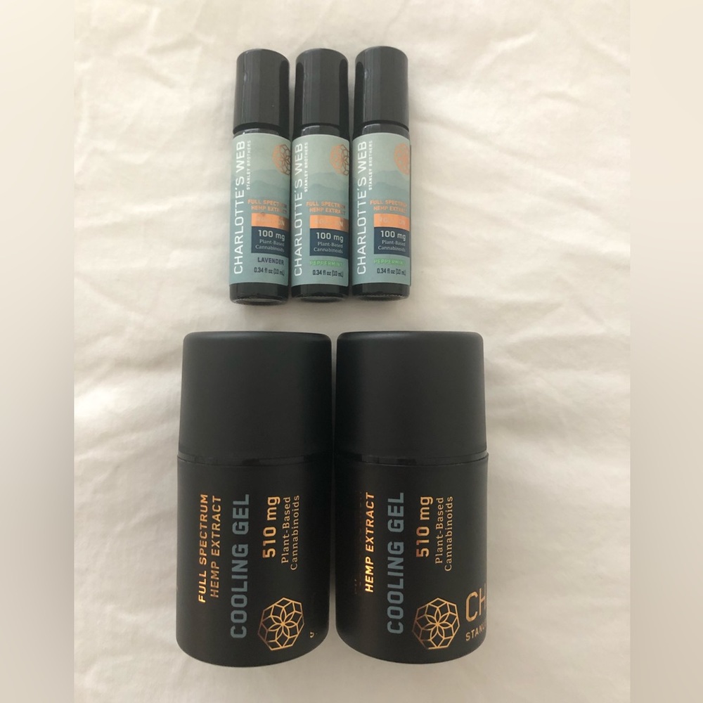 5 NEW Charlottes Web 510mg Hemp Cooling Gel & Lavender + Peppermint 100 Roll Ons